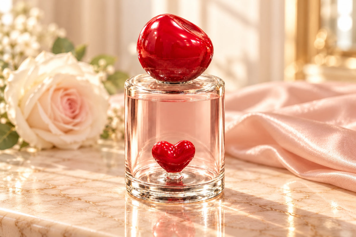 Close view of Amore’s ruby cap, pale blush perfume and red heart inside its glass bottle