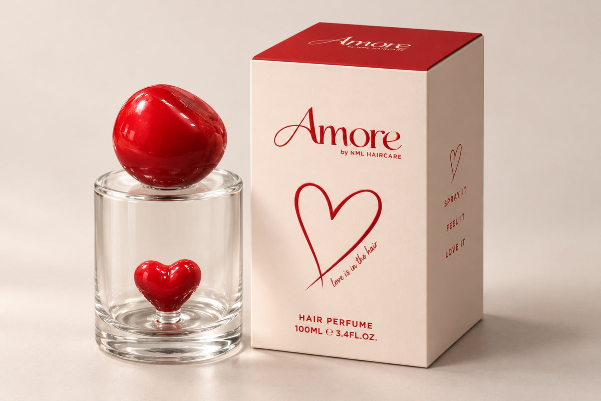 Original Amore red-cap heart bottle alongside its ivory and red Amore carton